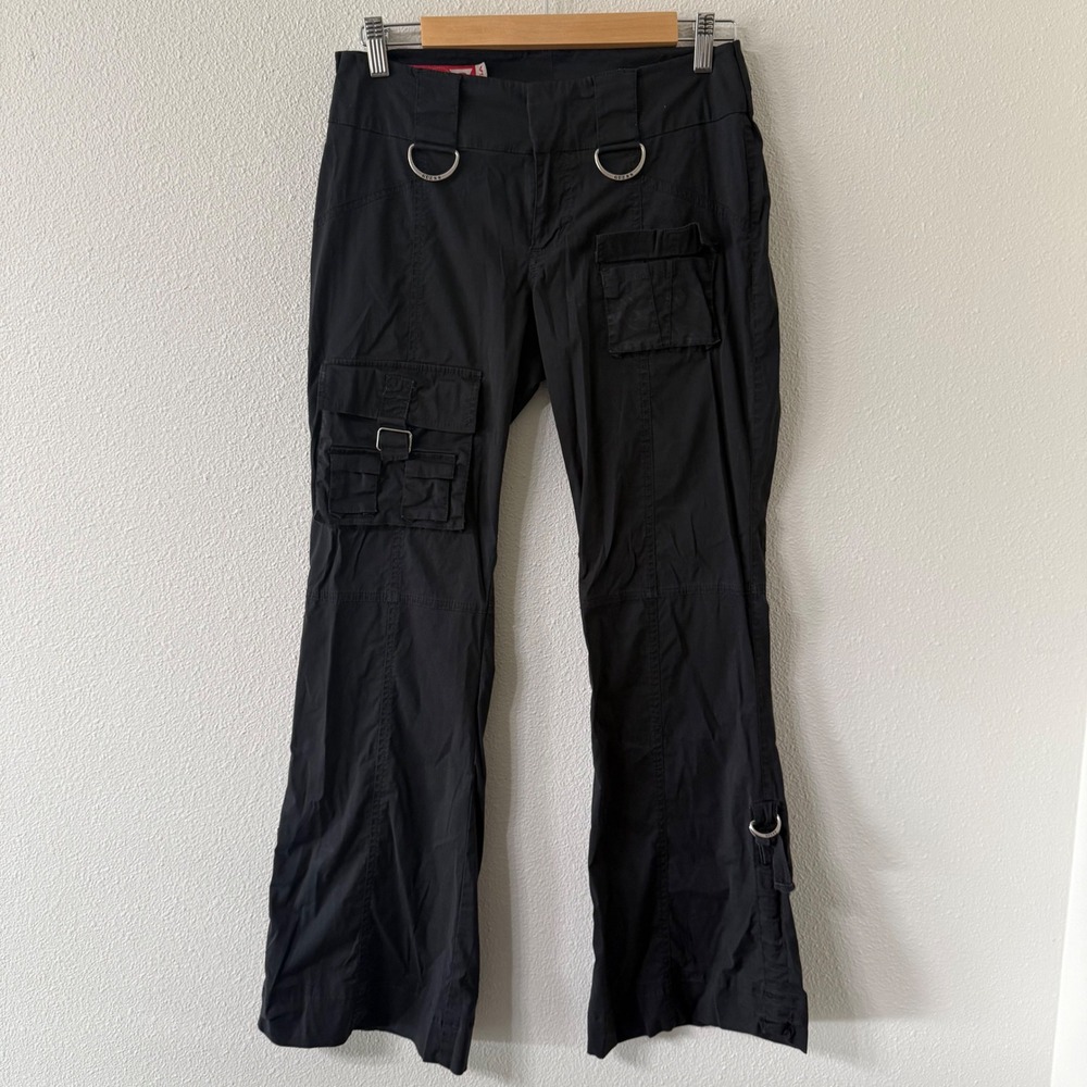 Guess Jeans Womens Black Cargo Y2K Flare Pants D-Ring Utility Retro Low Rise